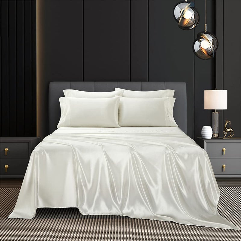 AiMay 6 Piece Satin Bed Sheet Set Deep Pocket Luxury Rich Silk Silky Super Soft Solid Color Reversible Stain-Resistant Wrinkle Free (King,Off White) - Image 2